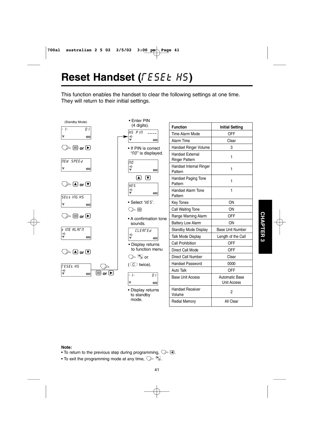 Panasonic KX-TCD700AL operating instructions Reset Handset reset hs, Function Initial Setting 