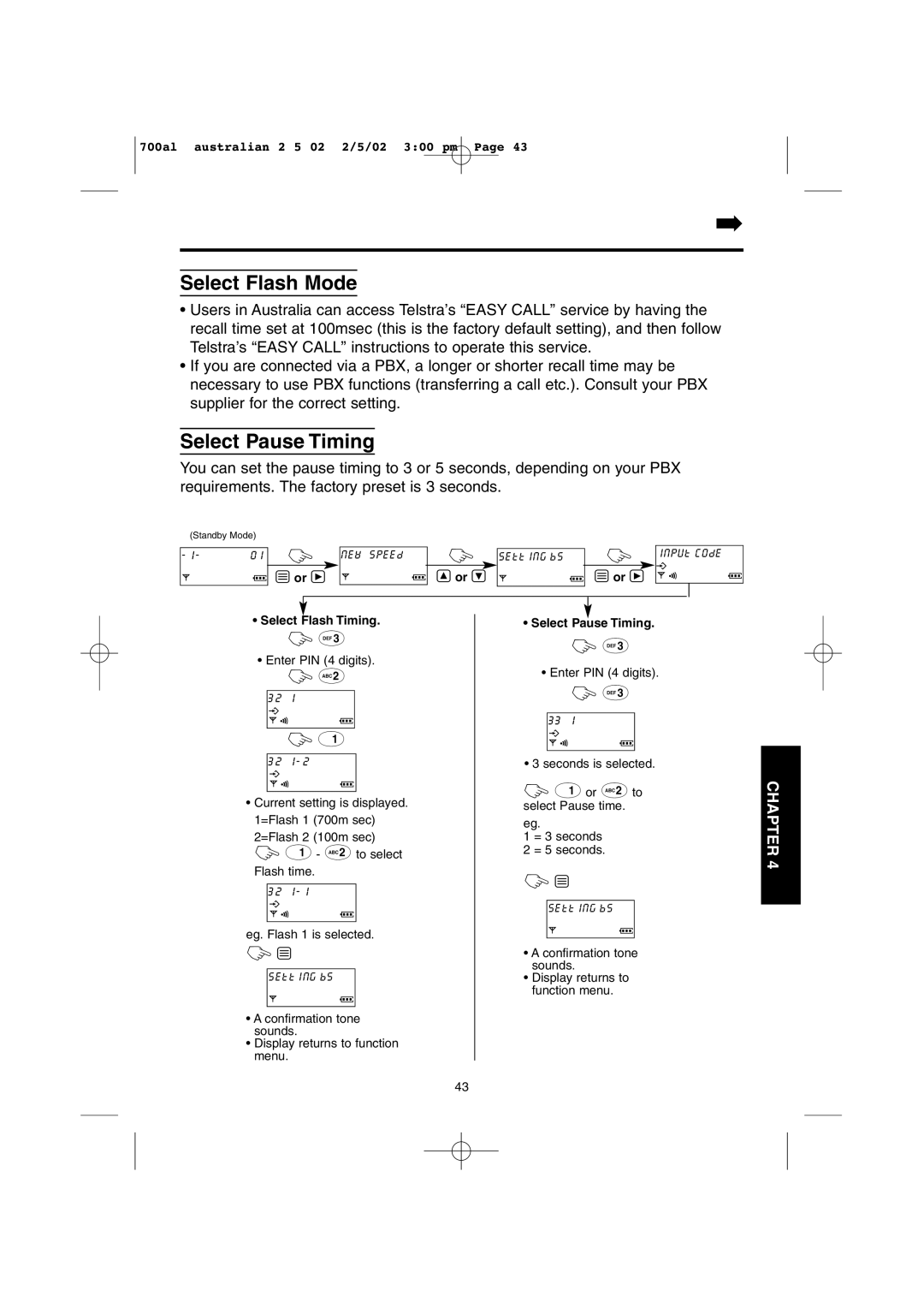 Panasonic KX-TCD700AL operating instructions Select Flash Mode, Select Pause Timing, Select Flash Timing 