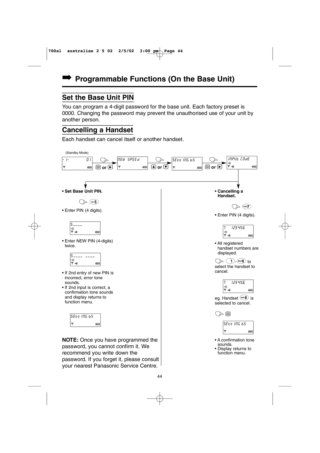 Panasonic KX-TCD700AL Programmable Functions On the Base Unit, Set the Base Unit PIN, Cancelling a Handset 