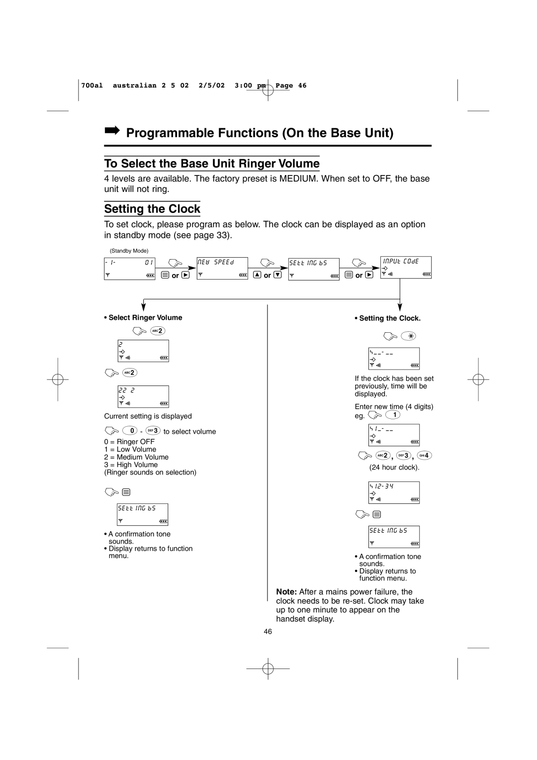 Panasonic KX-TCD700AL operating instructions To Select the Base Unit Ringer Volume, Setting the Clock, Select Ringer Volume 