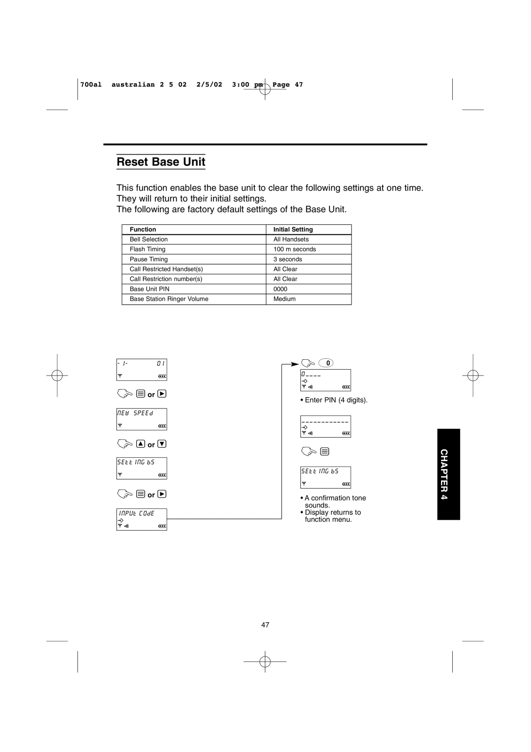 Panasonic KX-TCD700AL operating instructions Reset Base Unit, Function Initial Setting 