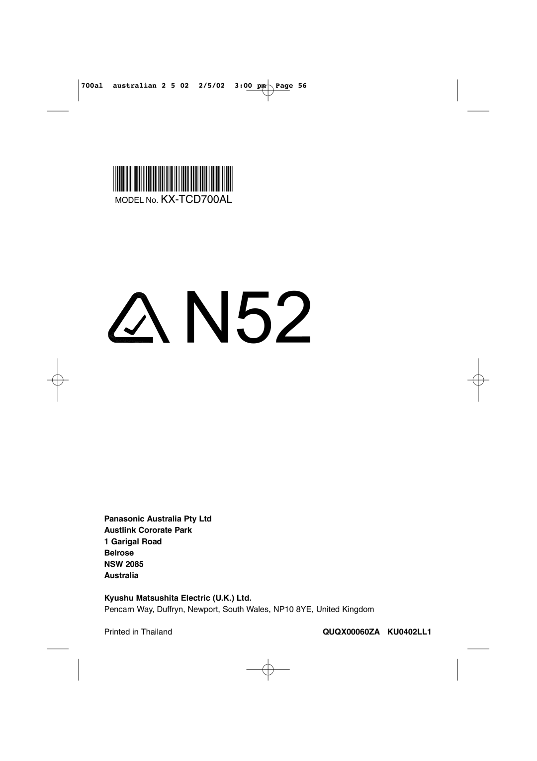 Panasonic KX-TCD700AL operating instructions N52 