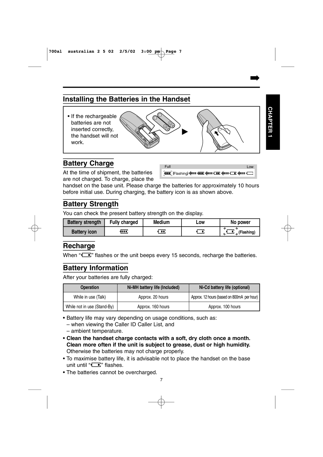 Panasonic KX-TCD700AL Installing the Batteries in the Handset, Battery Charge, Battery Strength, Recharge 