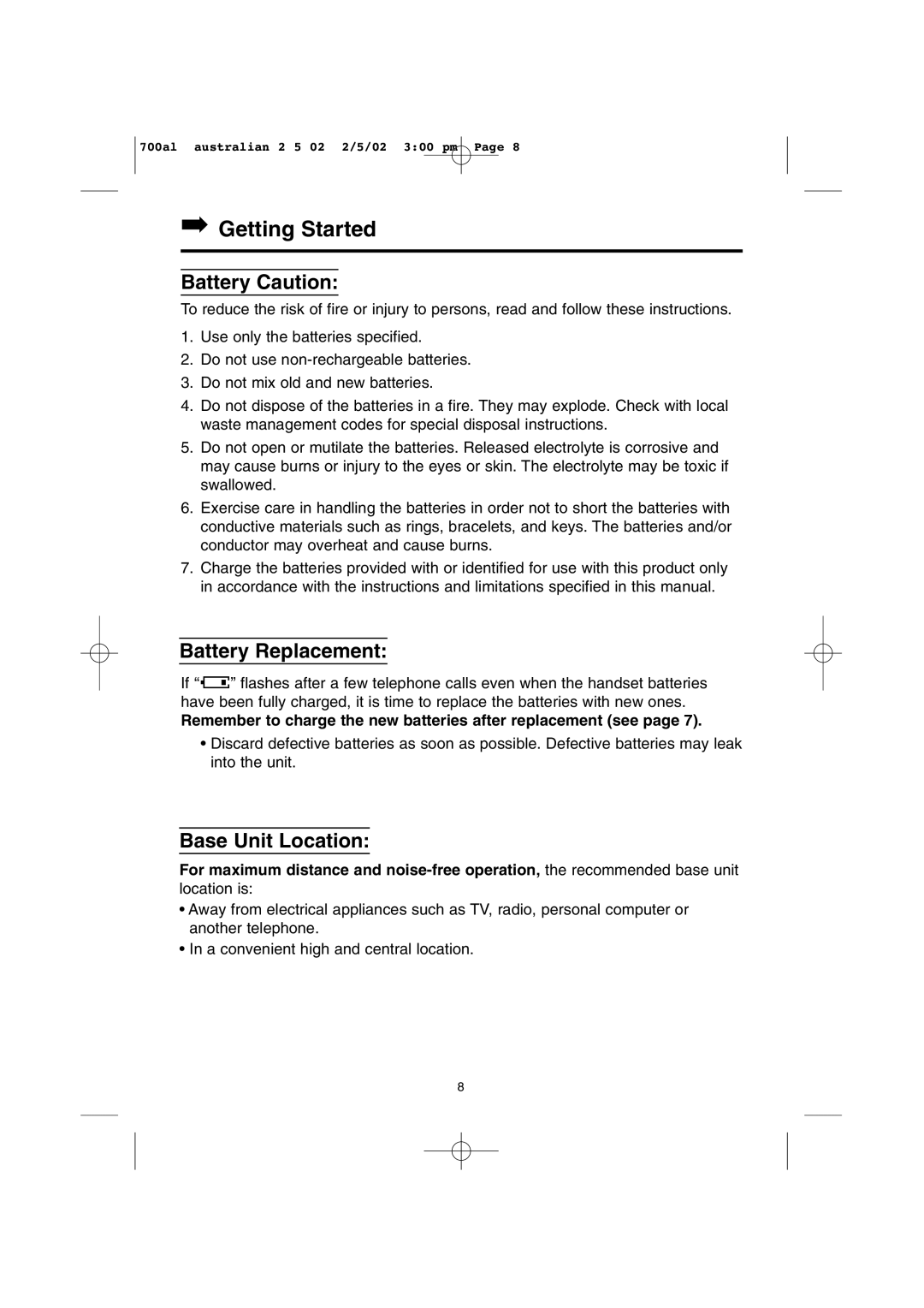 Panasonic KX-TCD700AL operating instructions Getting Started, Battery Caution, Battery Replacement, Base Unit Location 