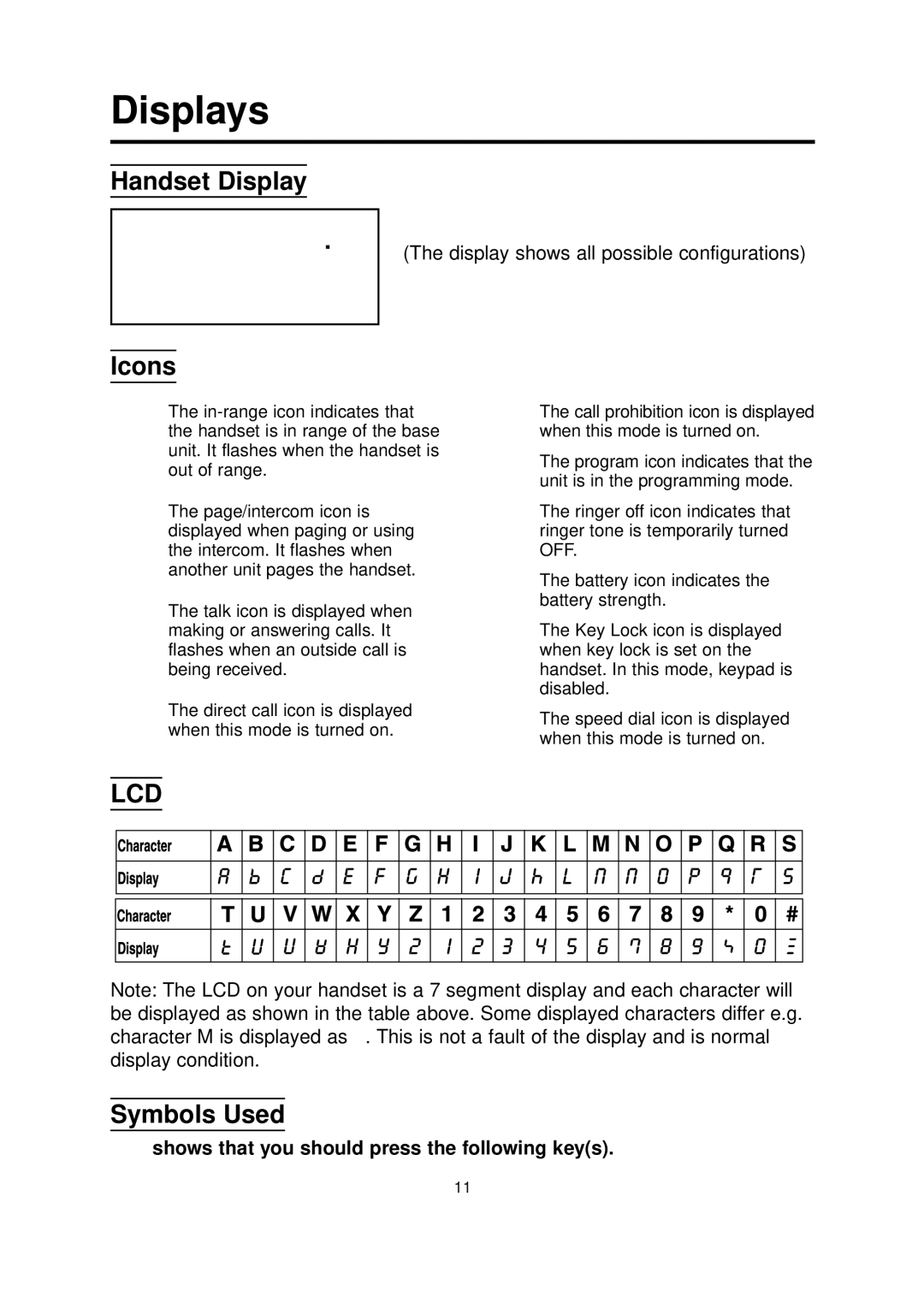 Panasonic KX-TCD700BX Displays, Handset Display, Icons, Symbols Used, Shows that you should press the following keys 