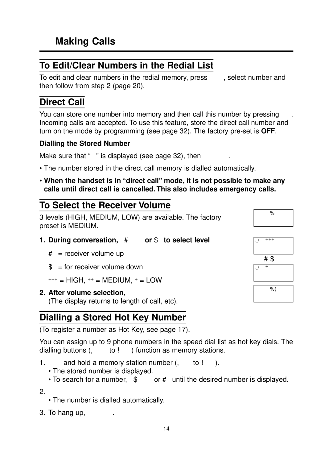 Panasonic KX-TCD700BX Making Calls, To Edit/Clear Numbers in the Redial List, Direct Call, To Select the Receiver Volume 