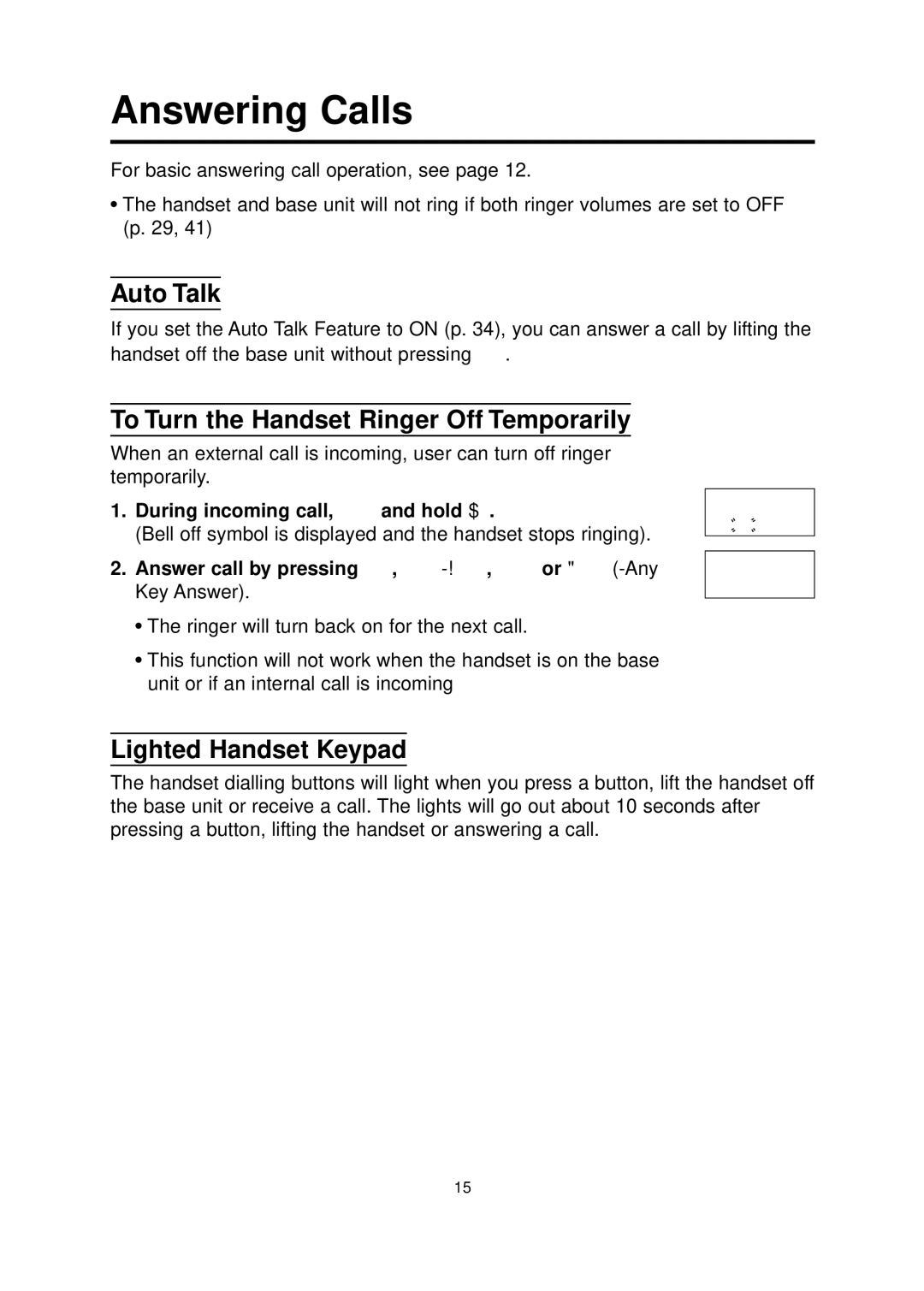 Panasonic KX-TCD700BX Answering Calls, Auto Talk, To Turn the Handset Ringer Off Temporarily, Lighted Handset Keypad 