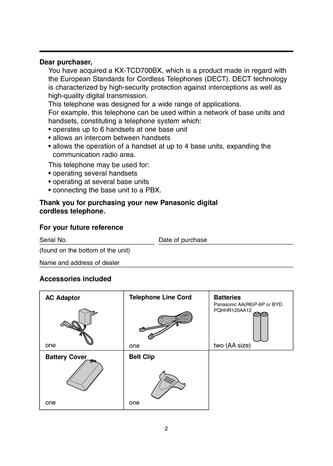 Panasonic KX-TCD700BX operating instructions Dear purchaser, Accessories included 