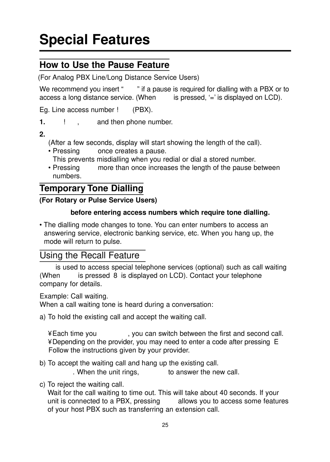 Panasonic KX-TCD700BX Special Features, How to Use the Pause Feature, Temporary Tone Dialling, Using the Recall Feature 