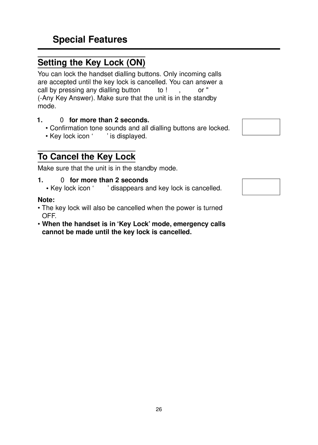 Panasonic KX-TCD700BX Special Features, Setting the Key Lock on, To Cancel the Key Lock, Y for more than 2 seconds 