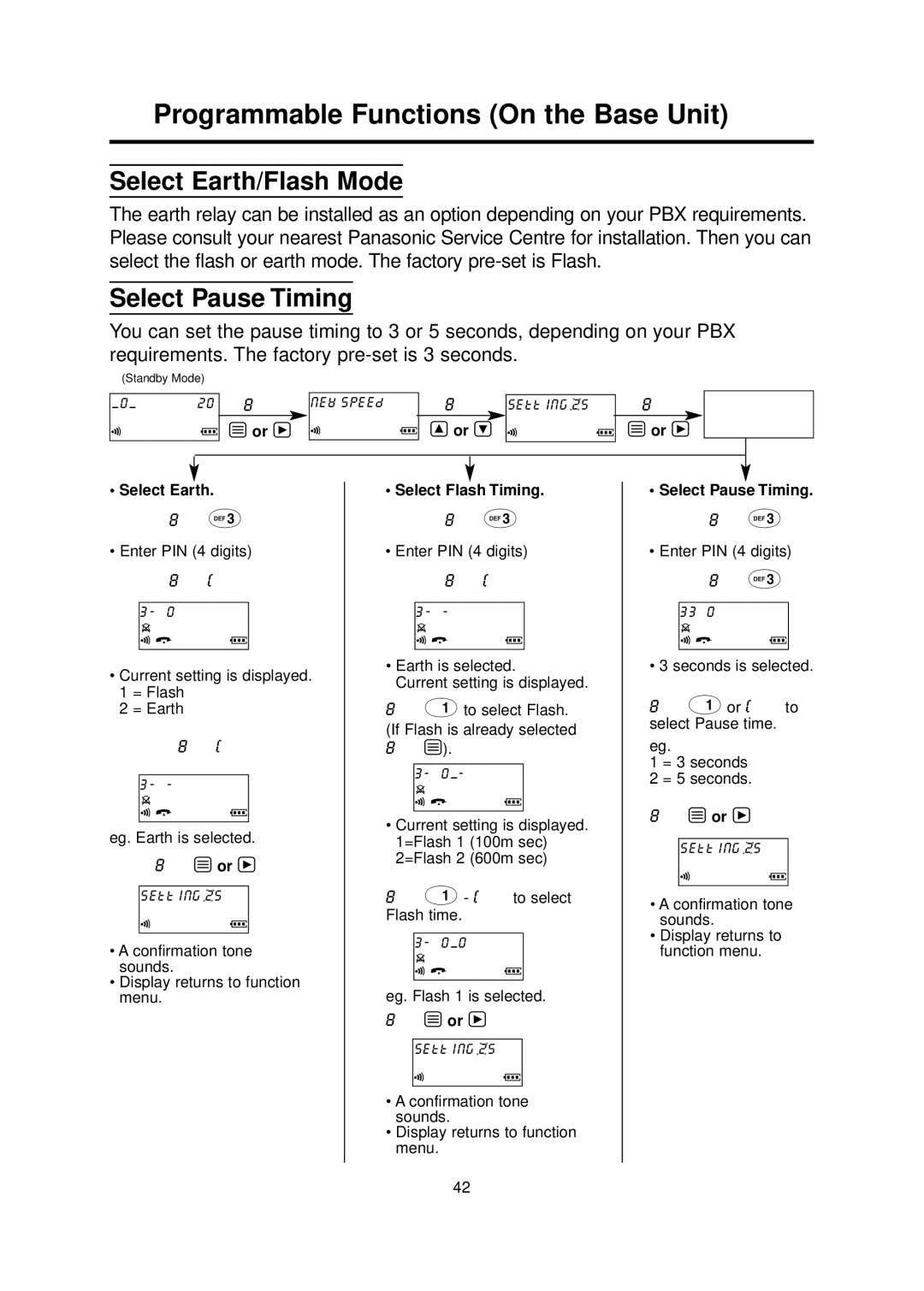 Panasonic KX-TCD700BX Programmable Functions On the Base Unit, Select Earth/Flash Mode, Select Pause Timing 