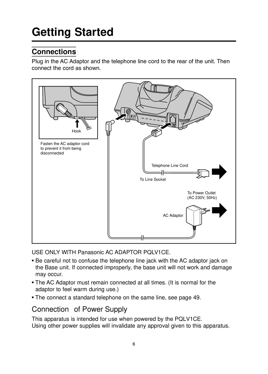 Panasonic KX-TCD700BX operating instructions Getting Started, Connections, Connection of Power Supply 