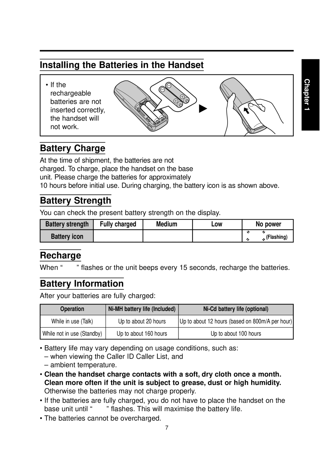 Panasonic KX-TCD700BX Installing the Batteries in the Handset, Battery Charge, Battery Strength, Recharge 