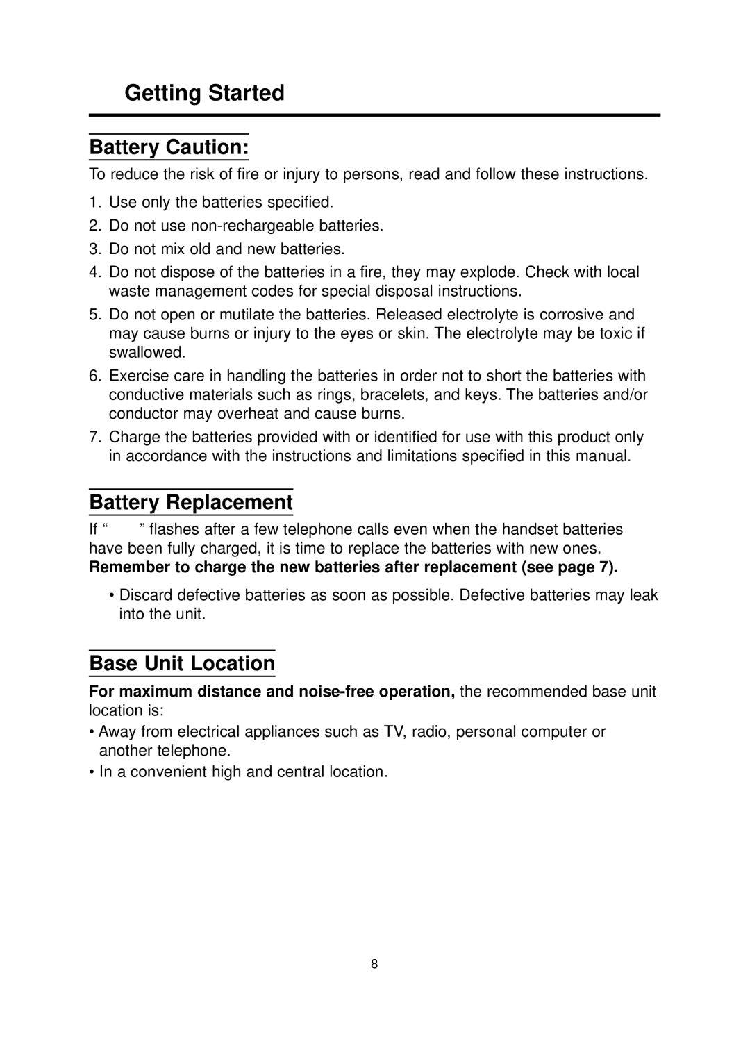 Panasonic KX-TCD700BX operating instructions Getting Started, Battery Caution, Battery Replacement, Base Unit Location 