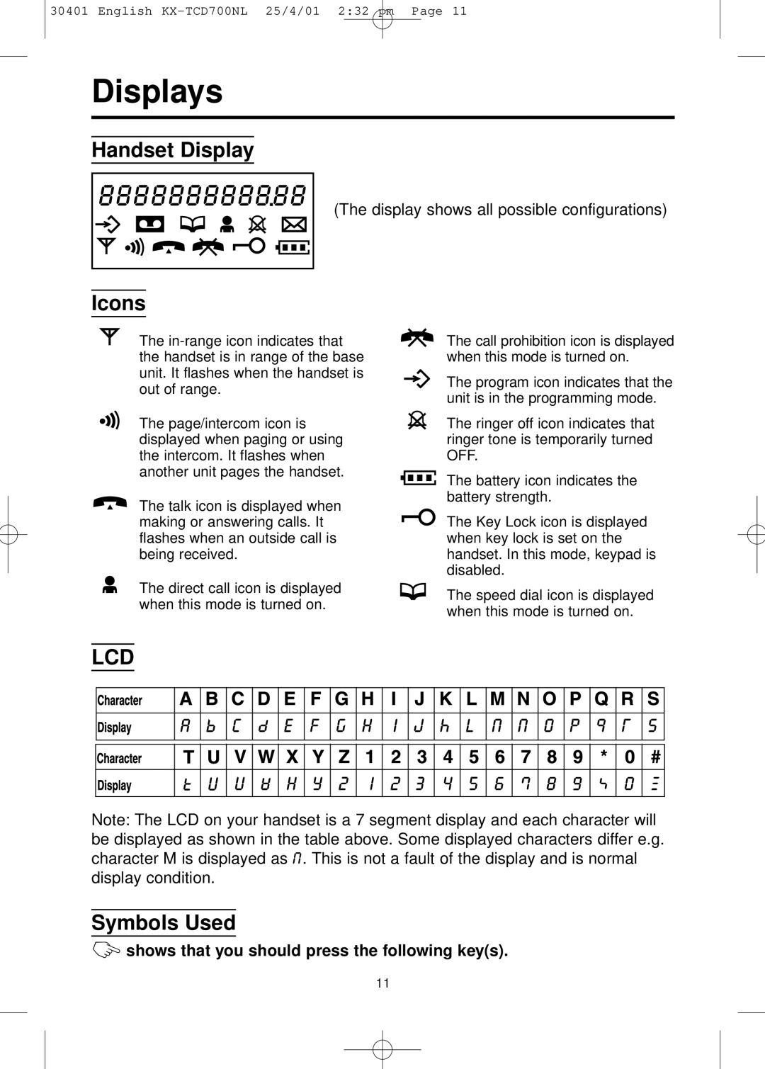 Panasonic KX-TCD700NL Displays, Handset Display, Icons, Symbols Used, Shows that you should press the following keys 