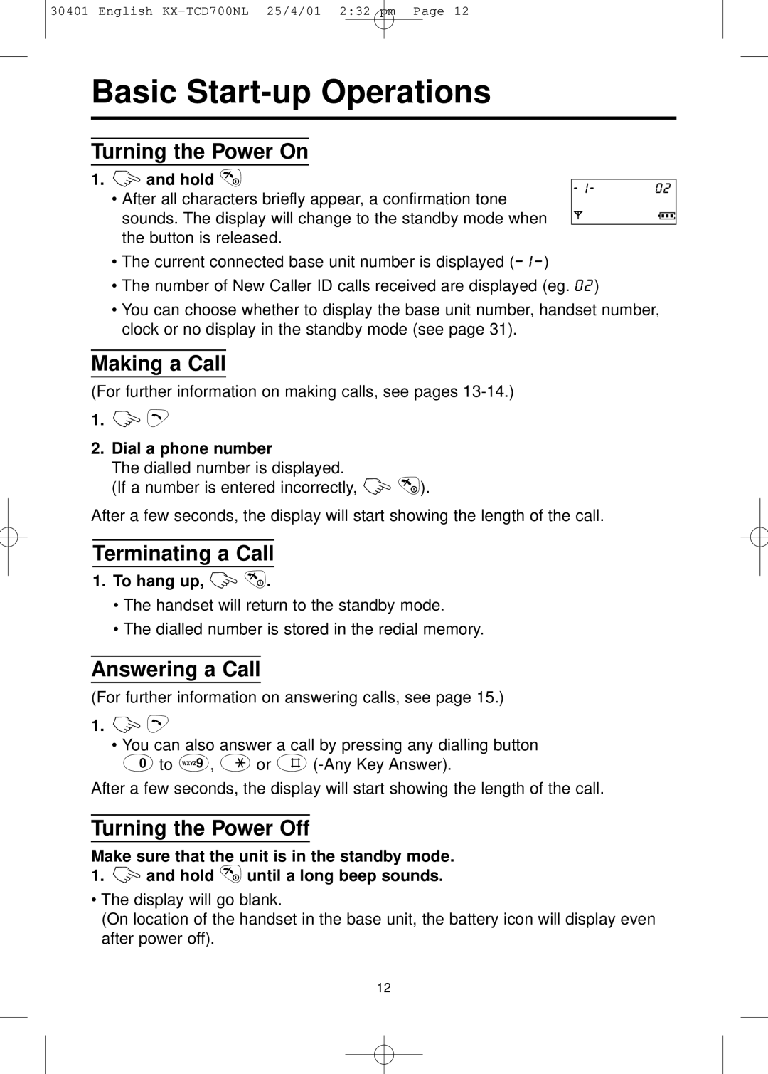 Panasonic KX-TCD700NL operating instructions Basic Start-up Operations 