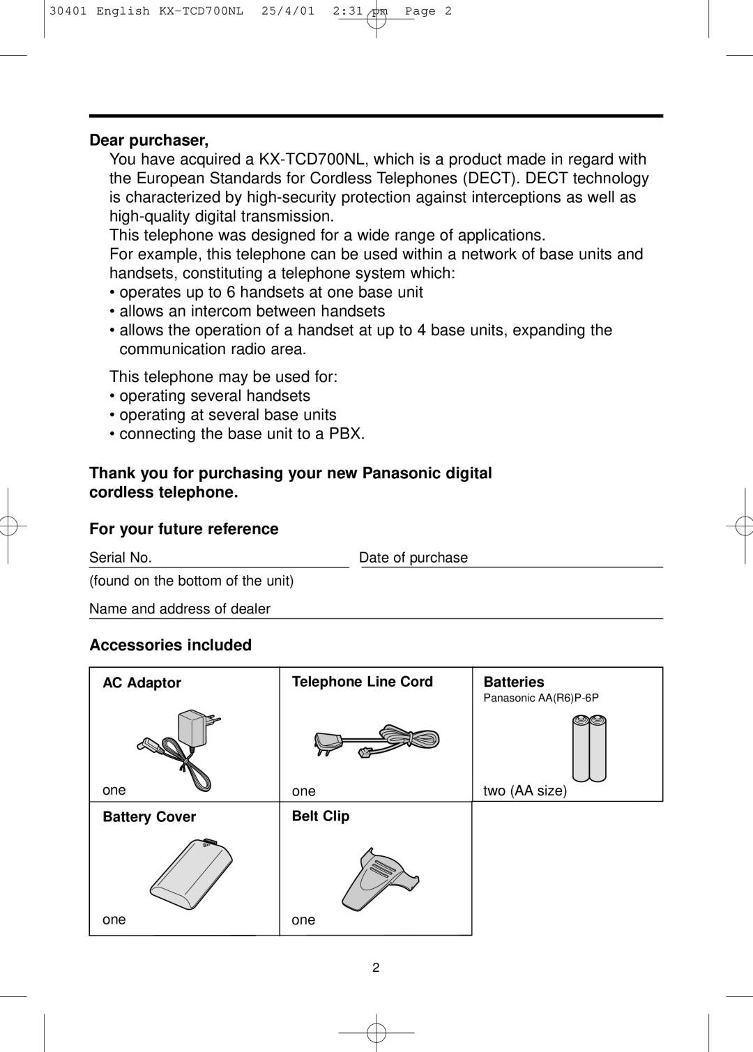 Panasonic KX-TCD700NL operating instructions Dear purchaser, Accessories included 