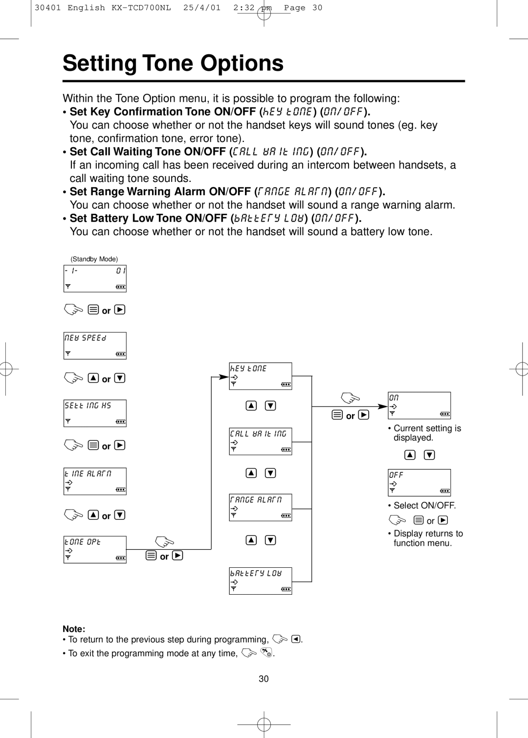 Panasonic KX-TCD700NL operating instructions Setting Tone Options, Set Key Confirmation Tone ON/OFF key tone on/off 