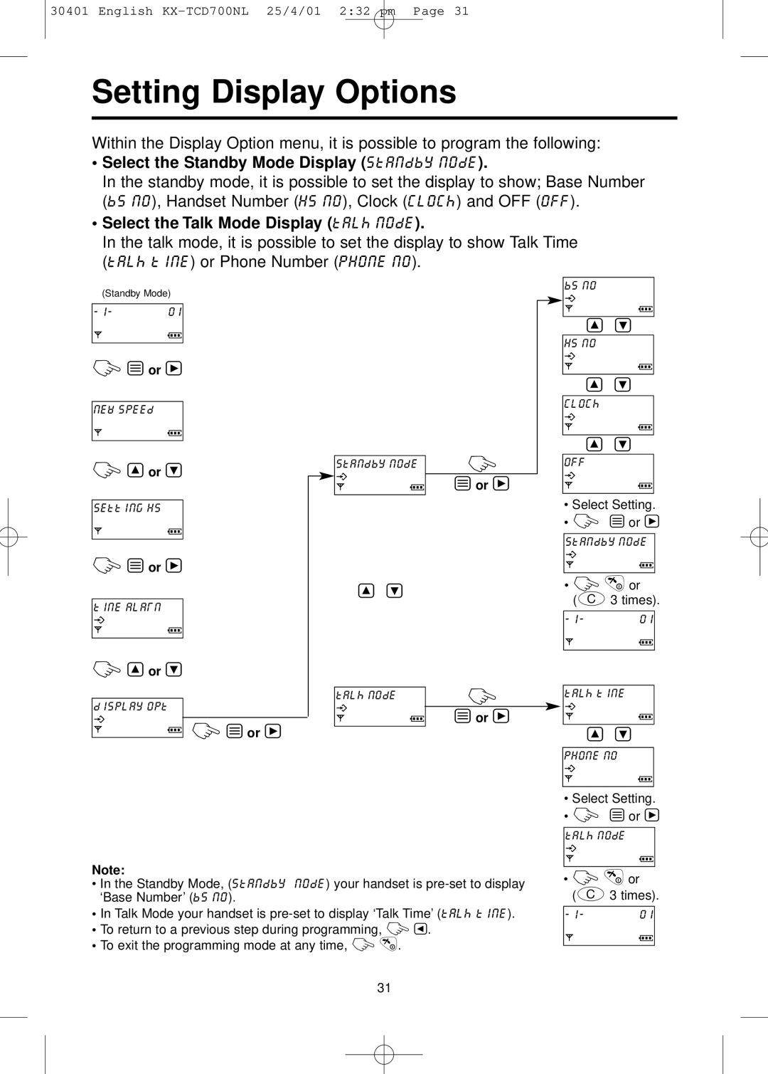 Panasonic KX-TCD700NL operating instructions Setting Display Options, Select the Standby Mode Display standby mode 