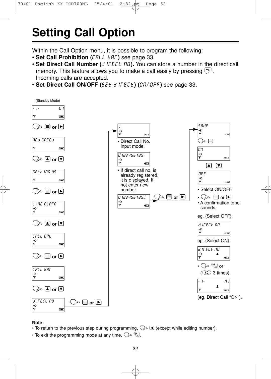 Panasonic KX-TCD700NL Setting Call Option, Set Call Prohibition call bar see, Set Direct Call ON/OFF set direct on/off see 