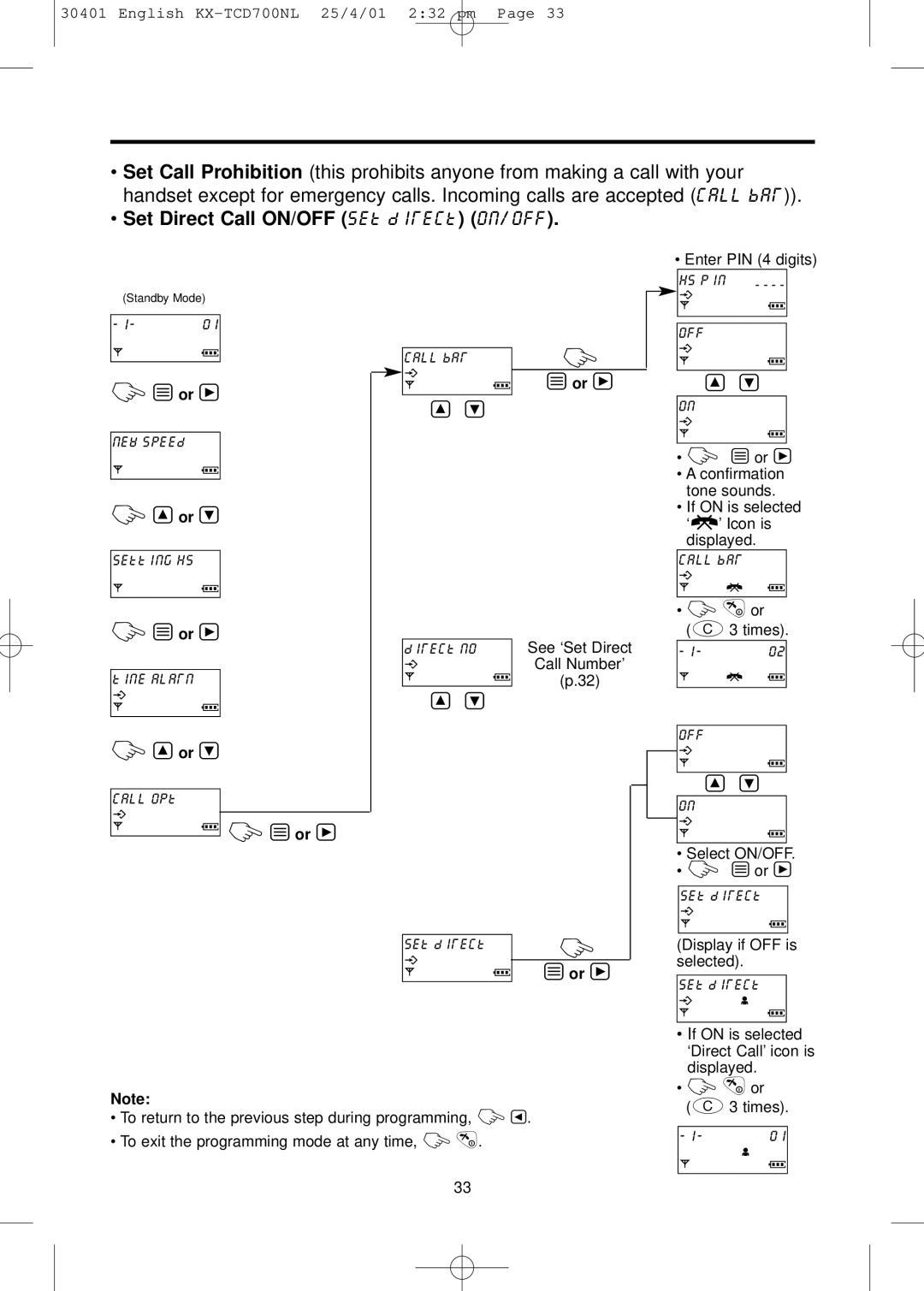 Panasonic KX-TCD700NL operating instructions Set Direct Call ON/OFF set direct on/off 