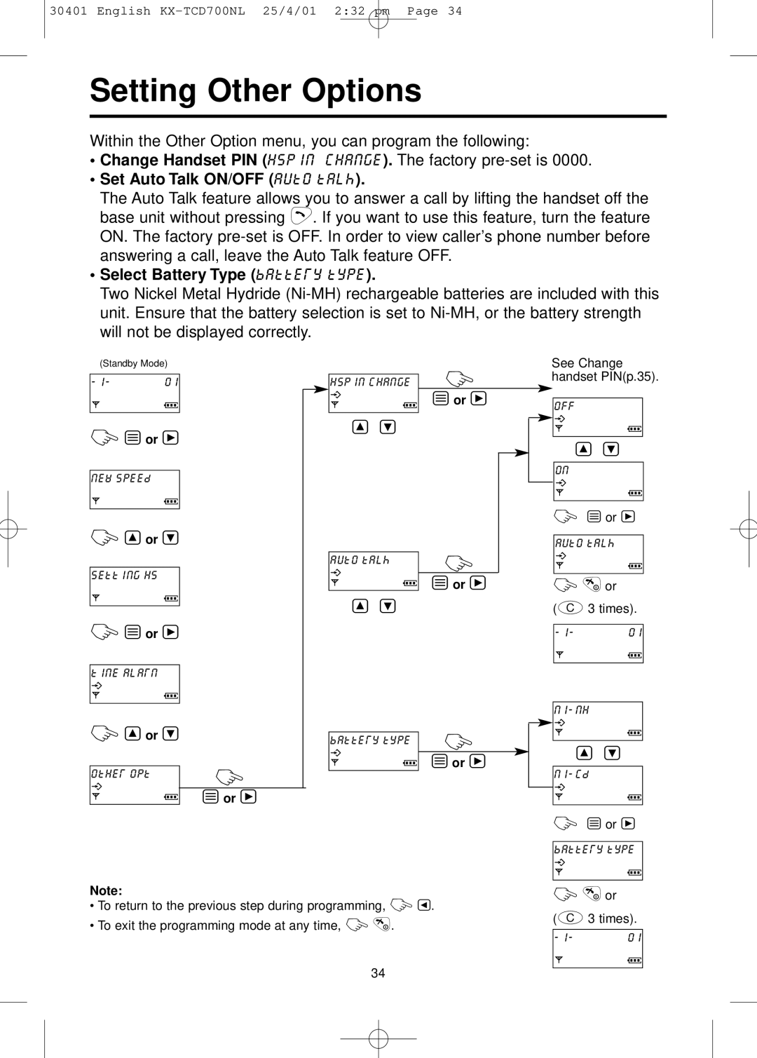 Panasonic KX-TCD700NL Setting Other Options, Set Auto Talk ON/OFF auto talk, Select Battery Type battery type 