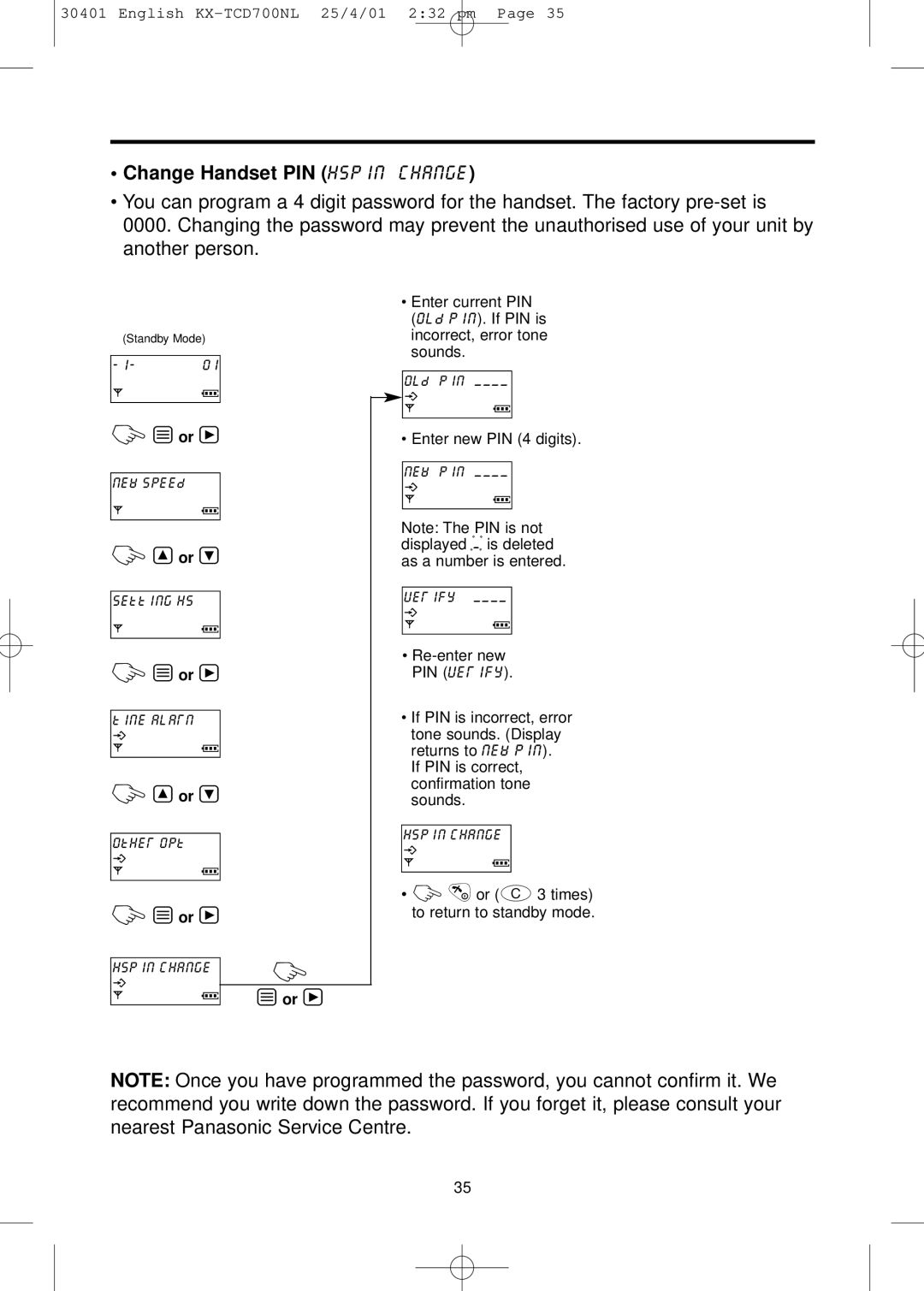 Panasonic KX-TCD700NL operating instructions Change Handset PIN hspin change 