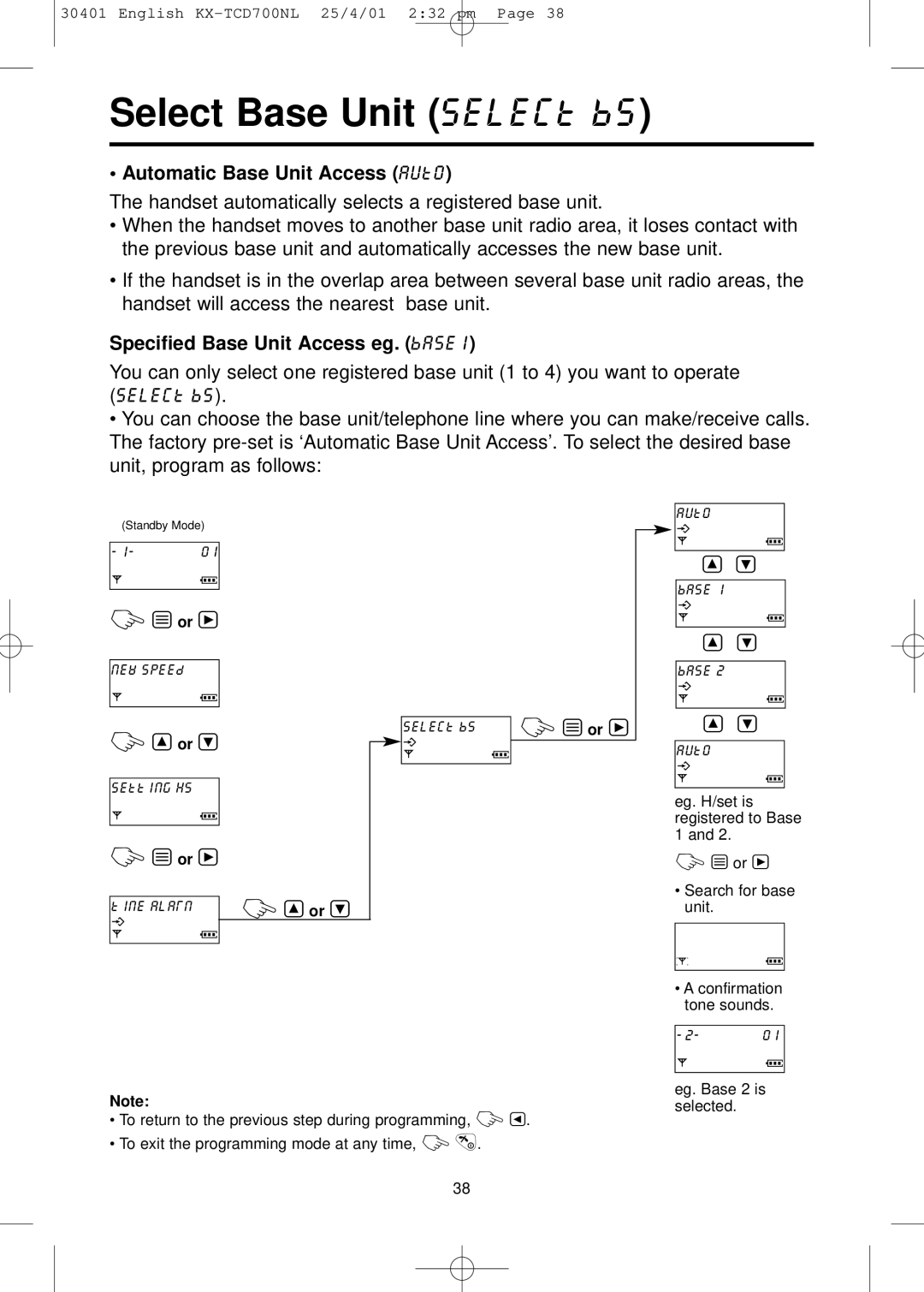 Panasonic KX-TCD700NL Select Base Unit select bs, Automatic Base Unit Access auto, Specified Base Unit Access eg. base1 