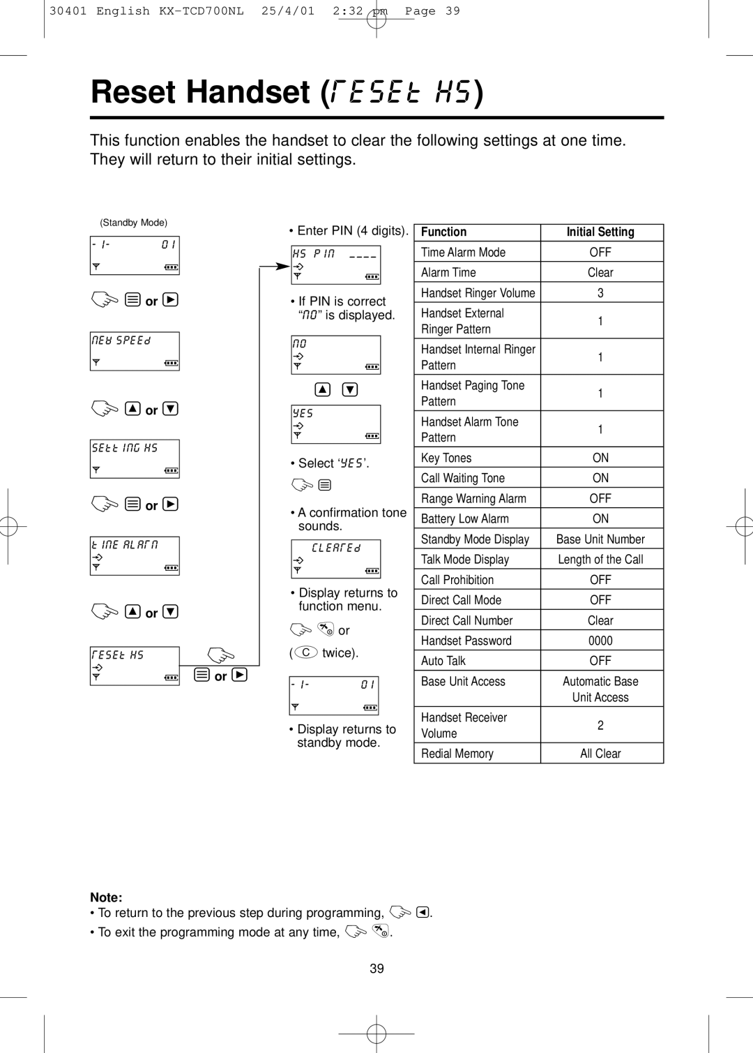 Panasonic KX-TCD700NL operating instructions Reset Handset reset hs, Function Initial Setting 