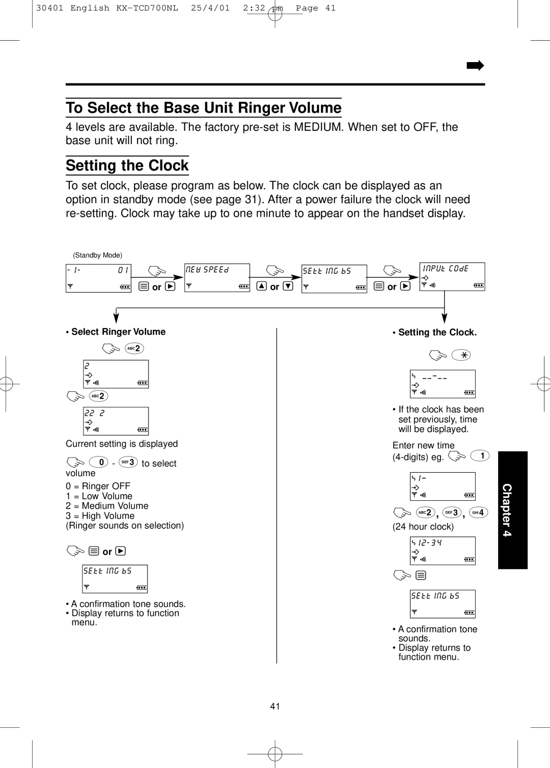 Panasonic KX-TCD700NL operating instructions To Select the Base Unit Ringer Volume, Setting the Clock 