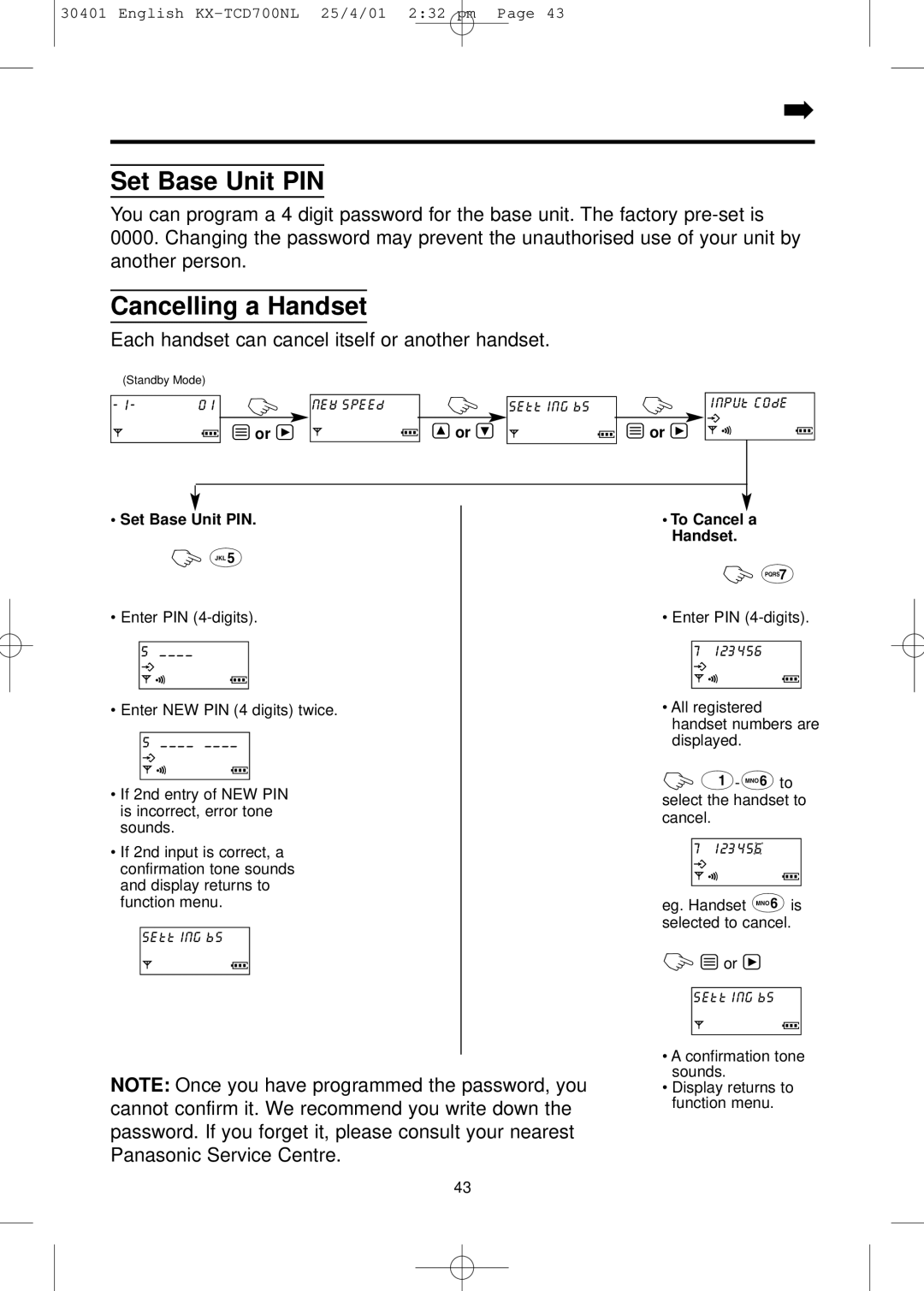 Panasonic KX-TCD700NL operating instructions Set Base Unit PIN, Cancelling a Handset 