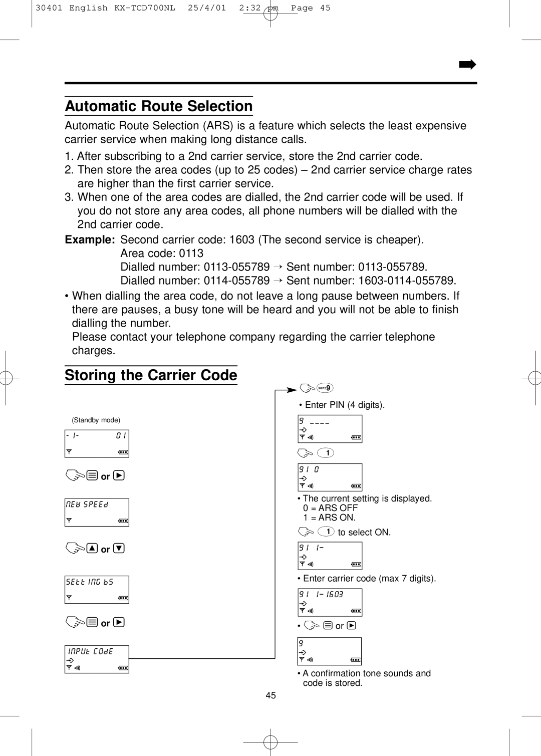 Panasonic KX-TCD700NL operating instructions Automatic Route Selection, Storing the Carrier Code 