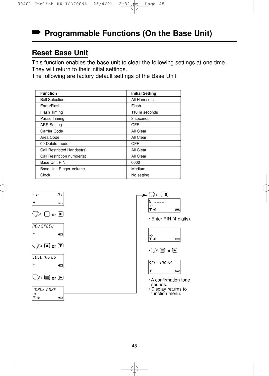 Panasonic KX-TCD700NL operating instructions Reset Base Unit, Function Initial Setting 