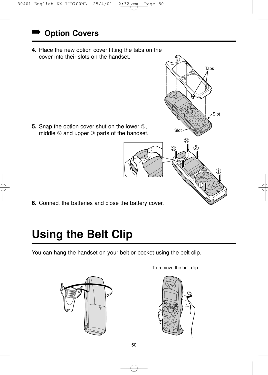 Panasonic KX-TCD700NL operating instructions Using the Belt Clip, Option Covers 