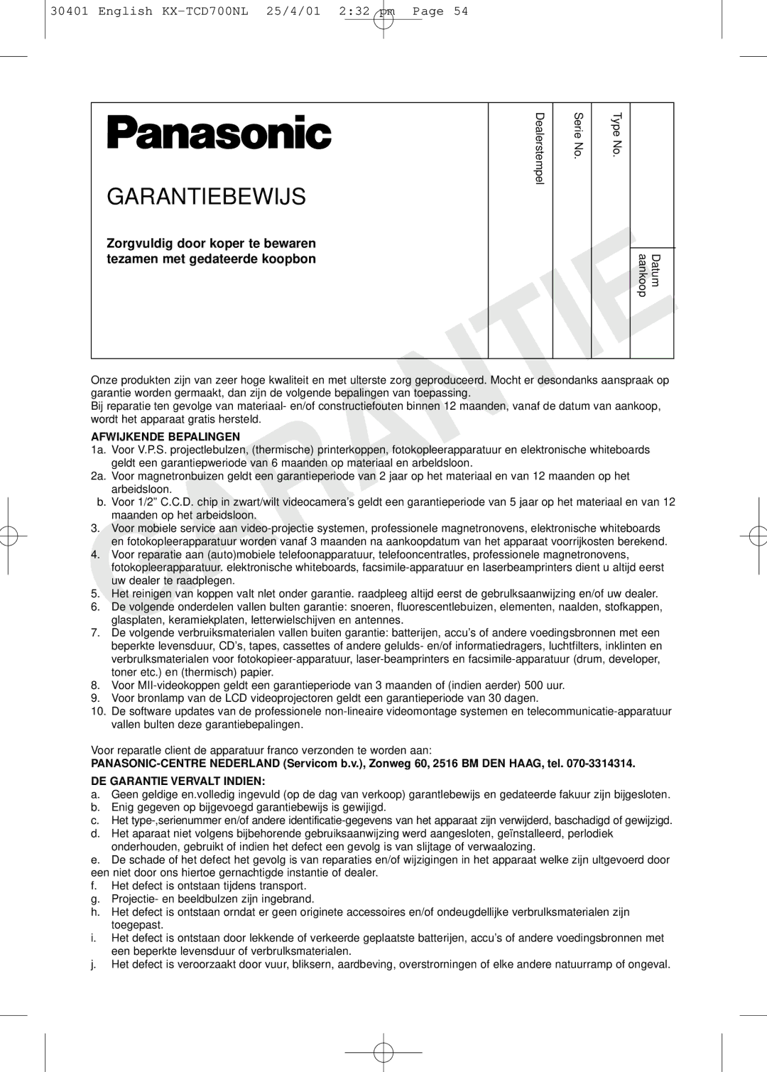 Panasonic KX-TCD700NL operating instructions Garantiebewijs 