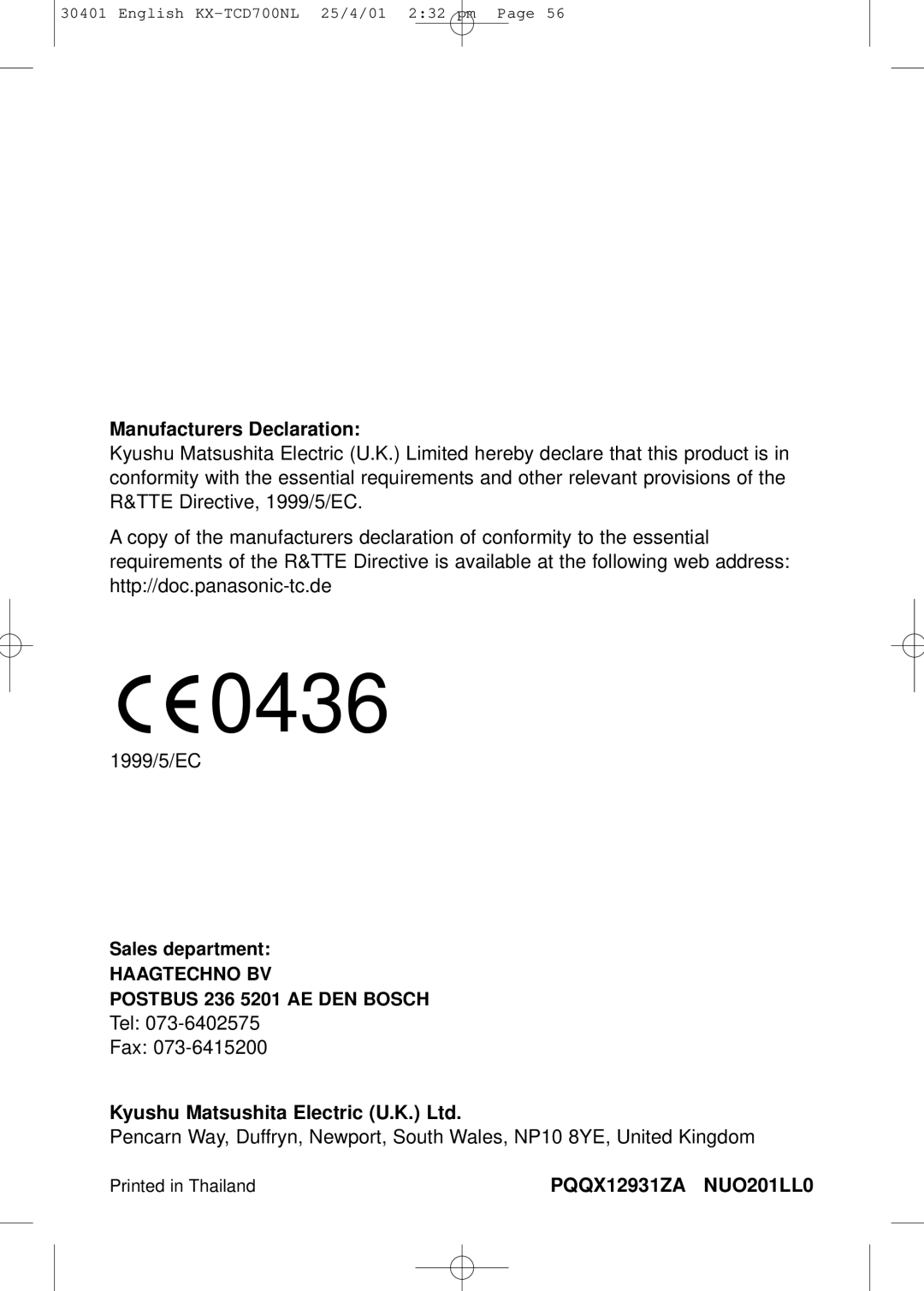 Panasonic KX-TCD700NL operating instructions Manufacturers Declaration, Sales department 