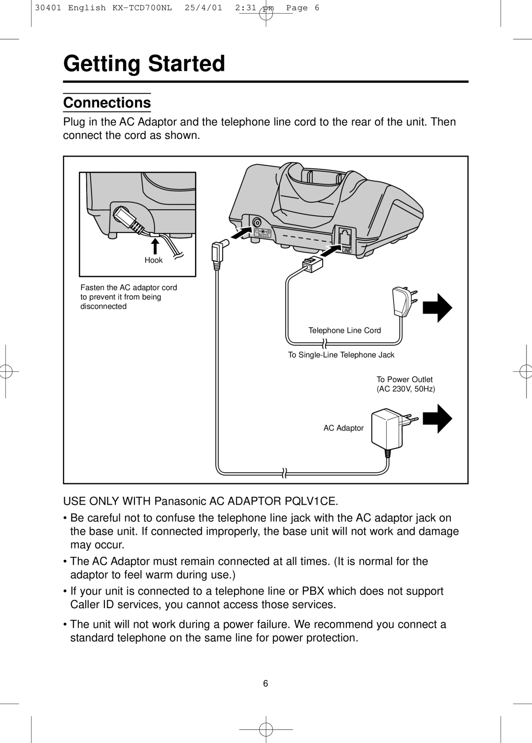 Panasonic KX-TCD700NL operating instructions Getting Started, Connections 