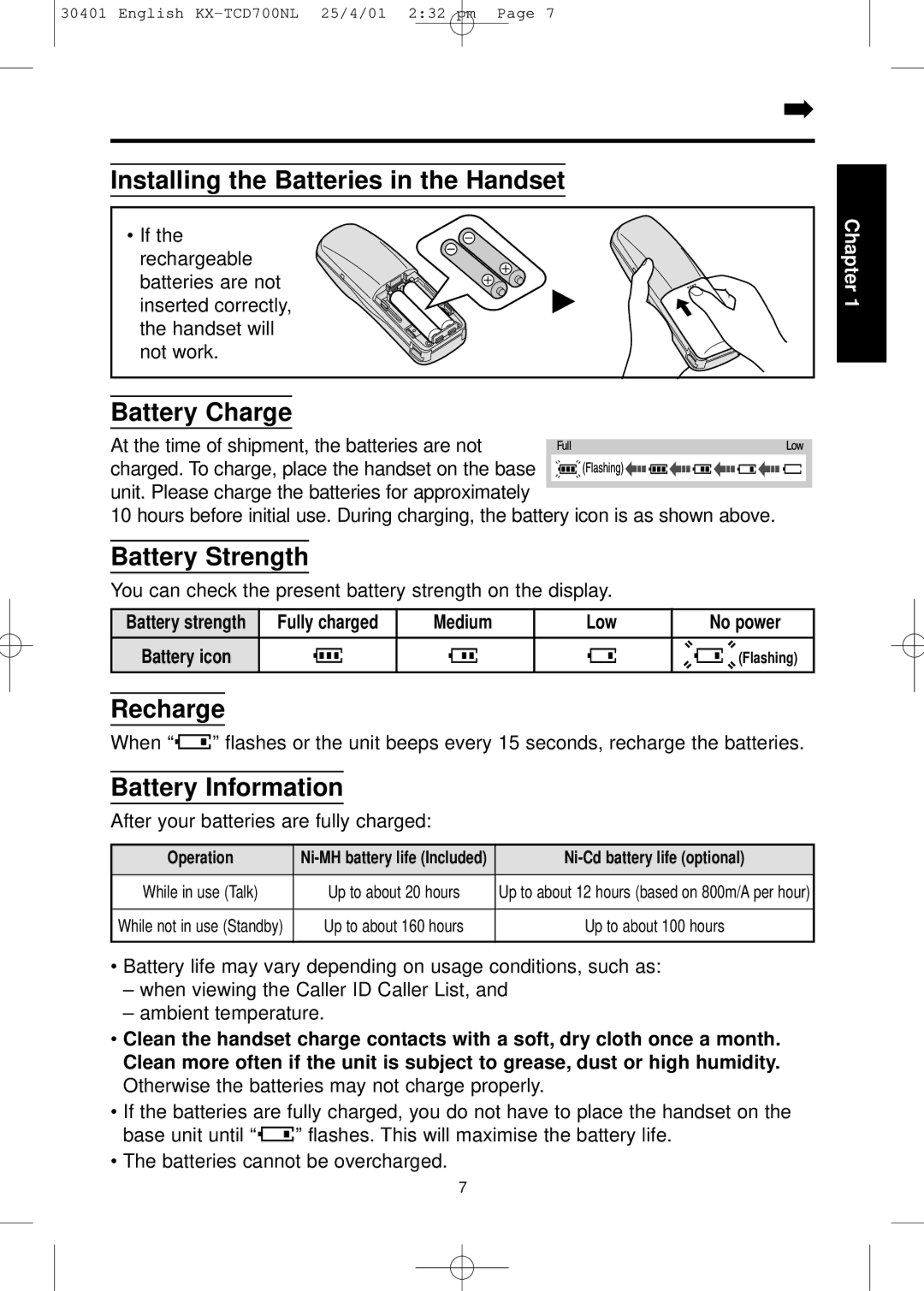 Panasonic KX-TCD700NL Installing the Batteries in the Handset, Battery Charge, Battery Strength, Recharge 