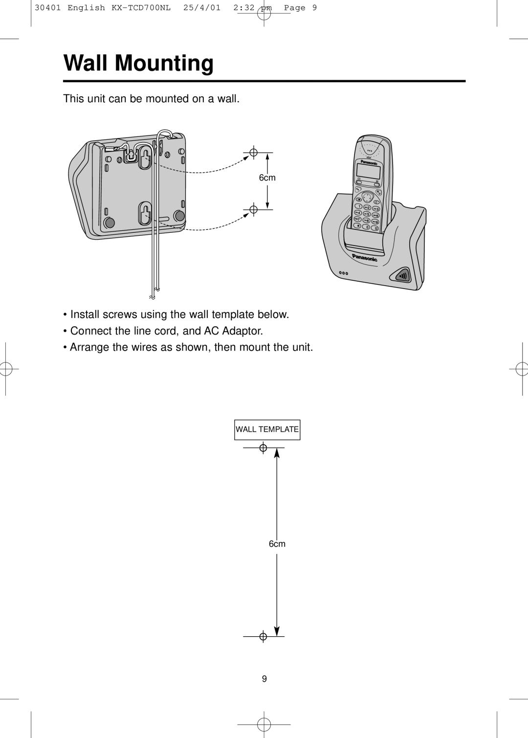 Panasonic KX-TCD700NL operating instructions Wall Mounting 