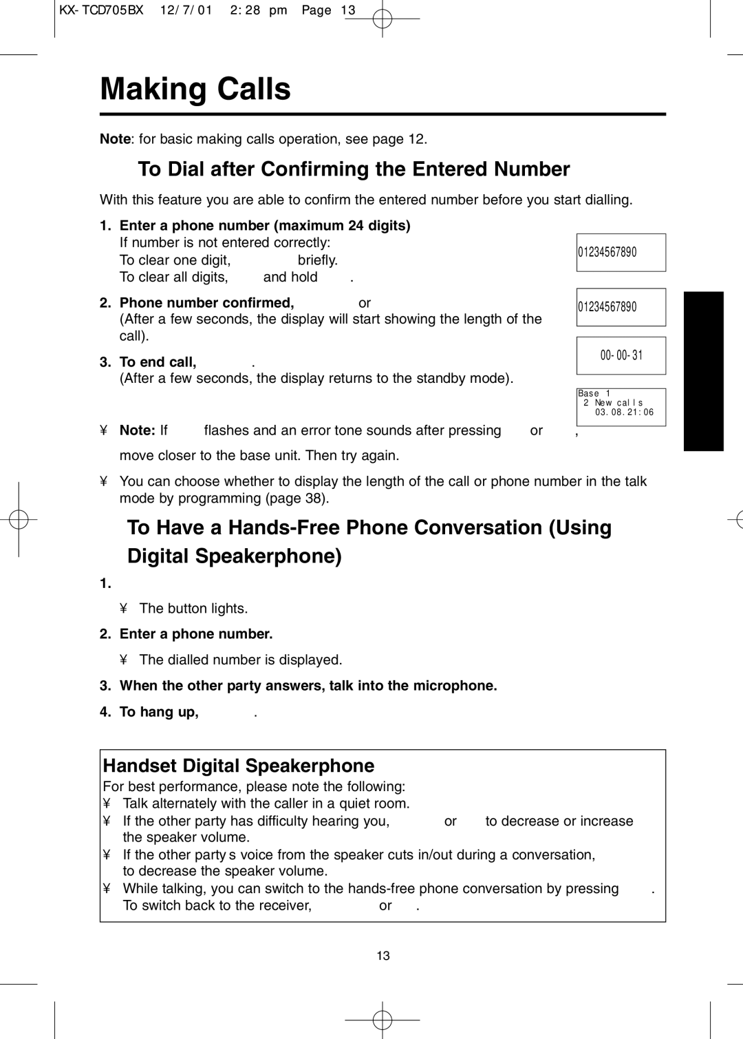 Panasonic KX-TCD705BX Making Calls, To Dial after Confirming the Entered Number, Handset Digital Speakerphone 