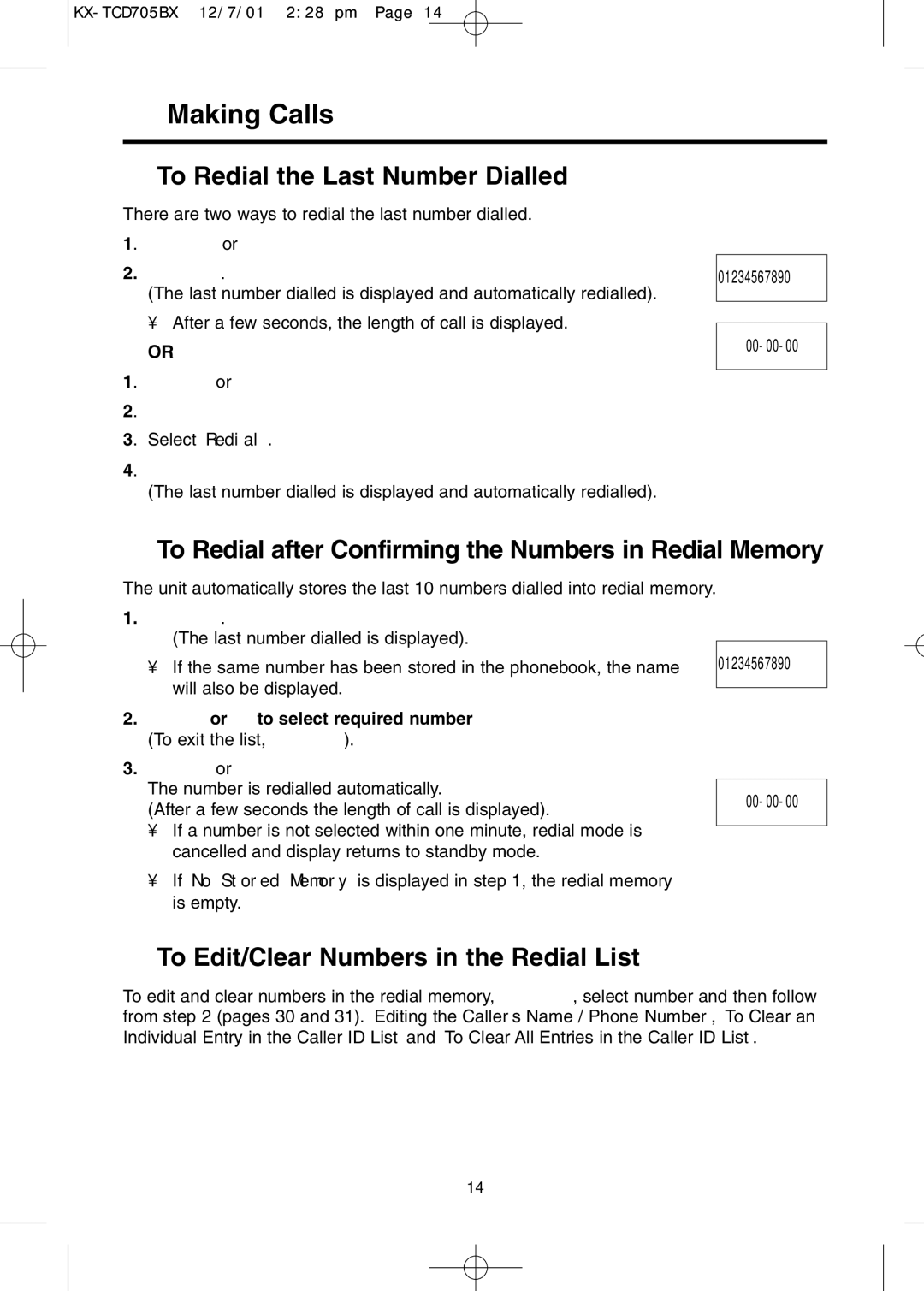 Panasonic KX-TCD705BX Making Calls, To Redial the Last Number Dialled, To Edit/Clear Numbers in the Redial List 