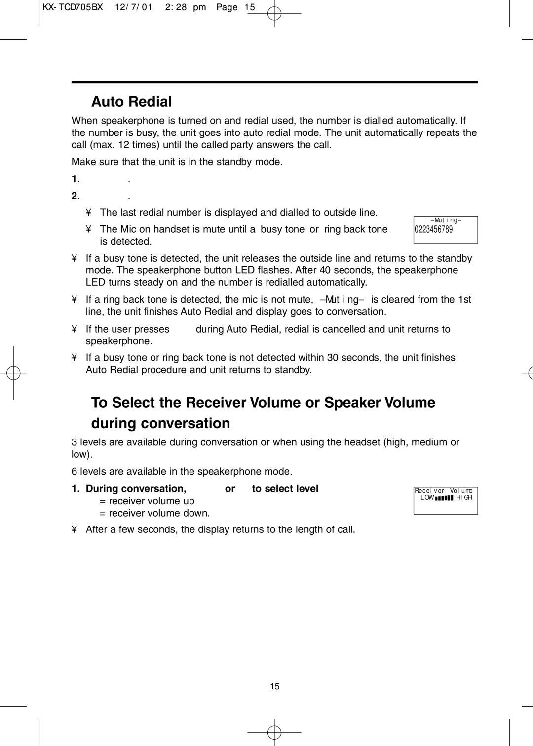 Panasonic KX-TCD705BX operating instructions Auto Redial, During conversation, ZSor Uto select level 