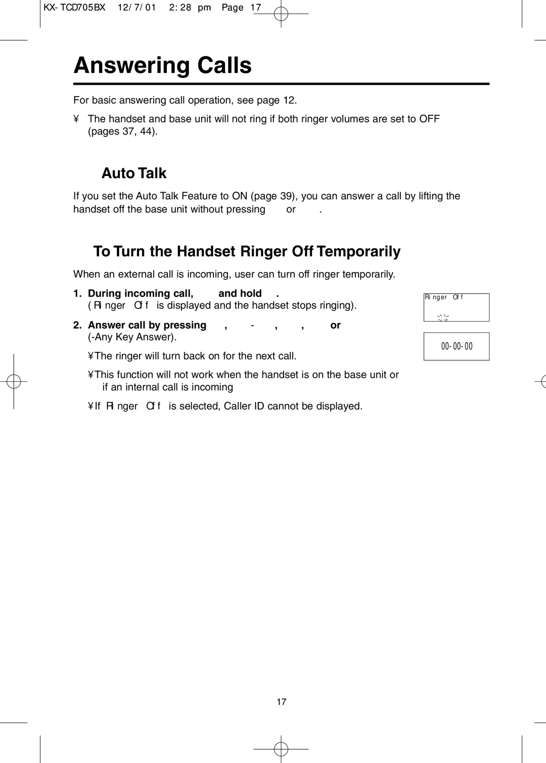 Panasonic KX-TCD705BX operating instructions Answering Calls, Auto Talk, To Turn the Handset Ringer Off Temporarily 