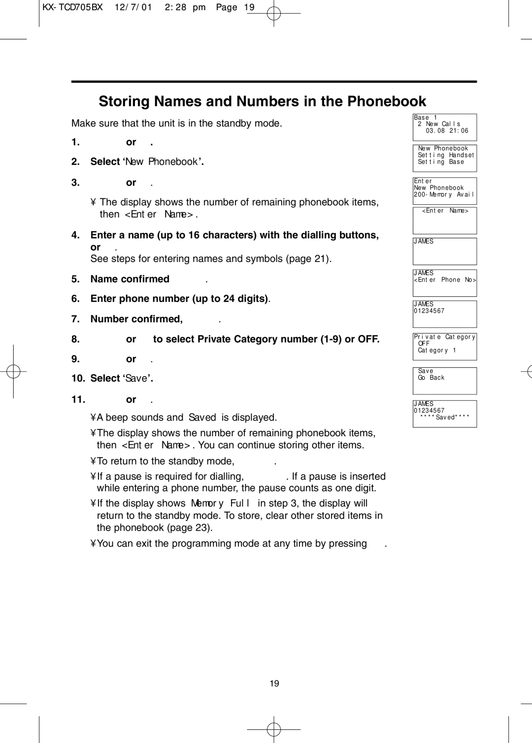 Panasonic KX-TCD705BX operating instructions Storing Names and Numbers in the Phonebook, ZYor, Select ‘Save’ 