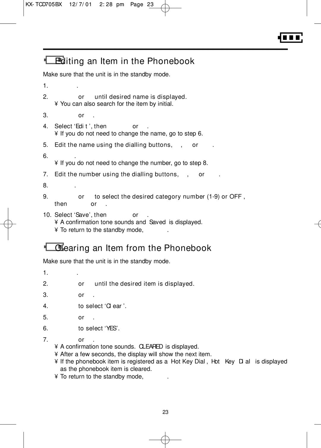 Panasonic KX-TCD705BX operating instructions Editing an Item in the Phonebook, Clearing an Item from the Phonebook 