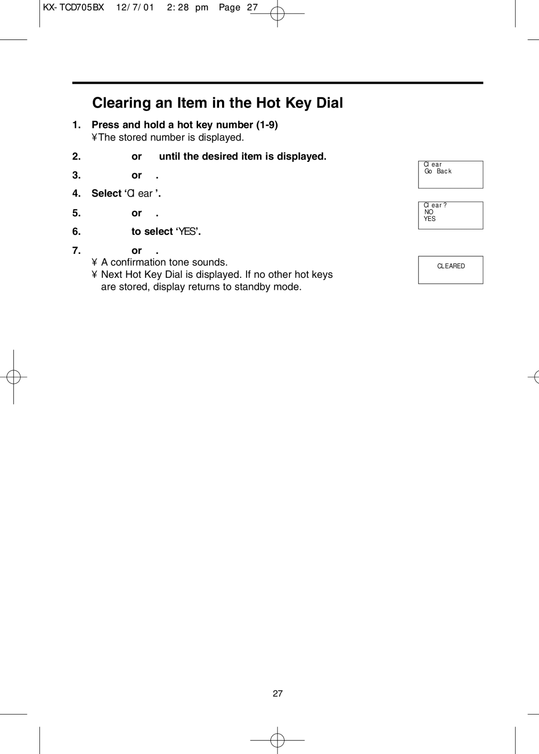 Panasonic KX-TCD705BX operating instructions Clearing an Item in the Hot Key Dial, Select ‘Clear’ 