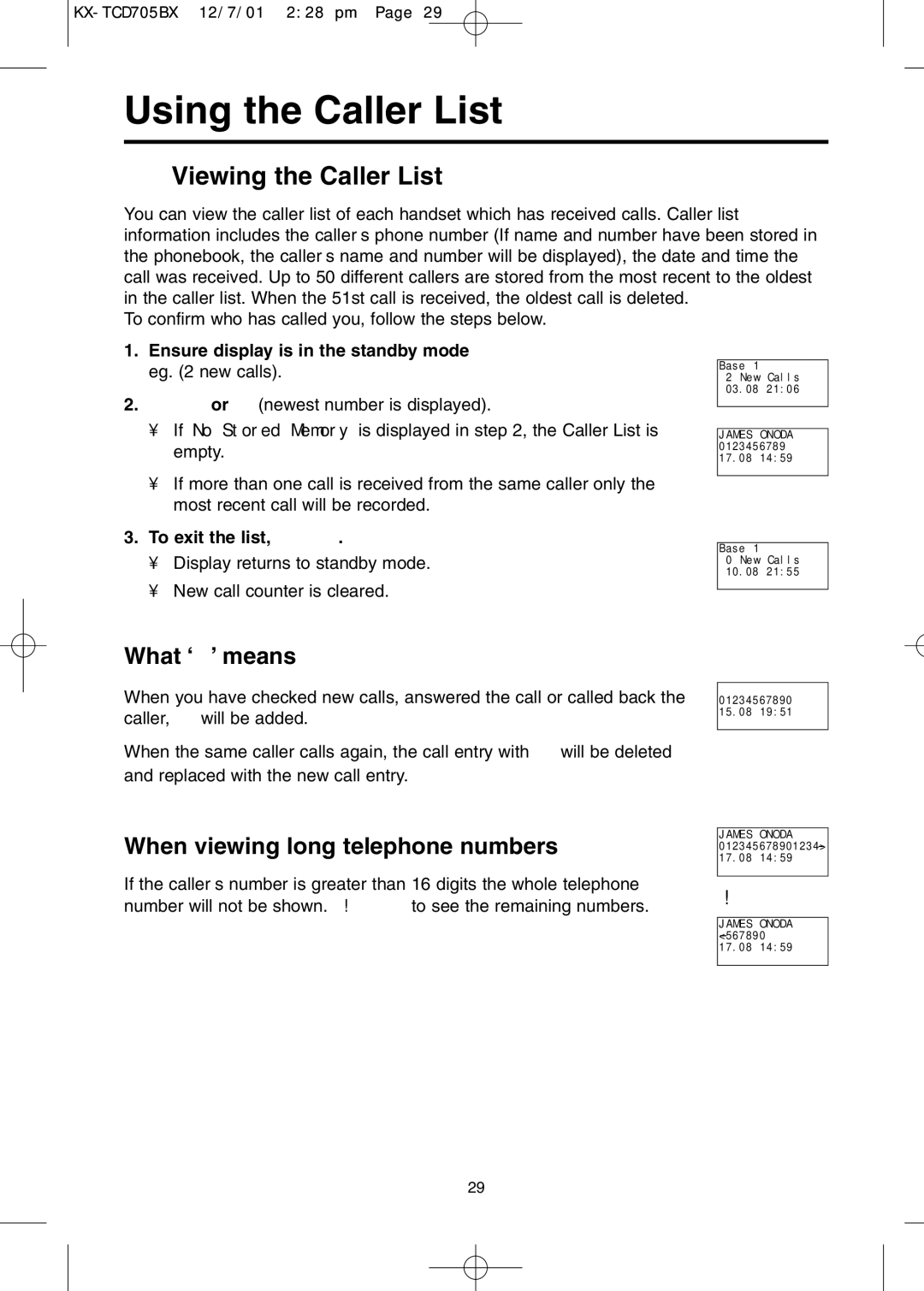 Panasonic KX-TCD705BX Using the Caller List, Viewing the Caller List, What ‘’ means, When viewing long telephone numbers 