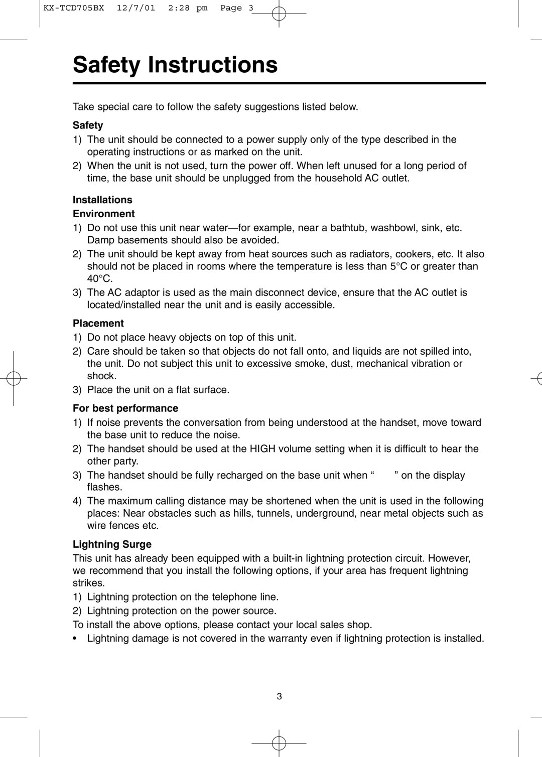 Panasonic KX-TCD705BX operating instructions Safety Instructions 