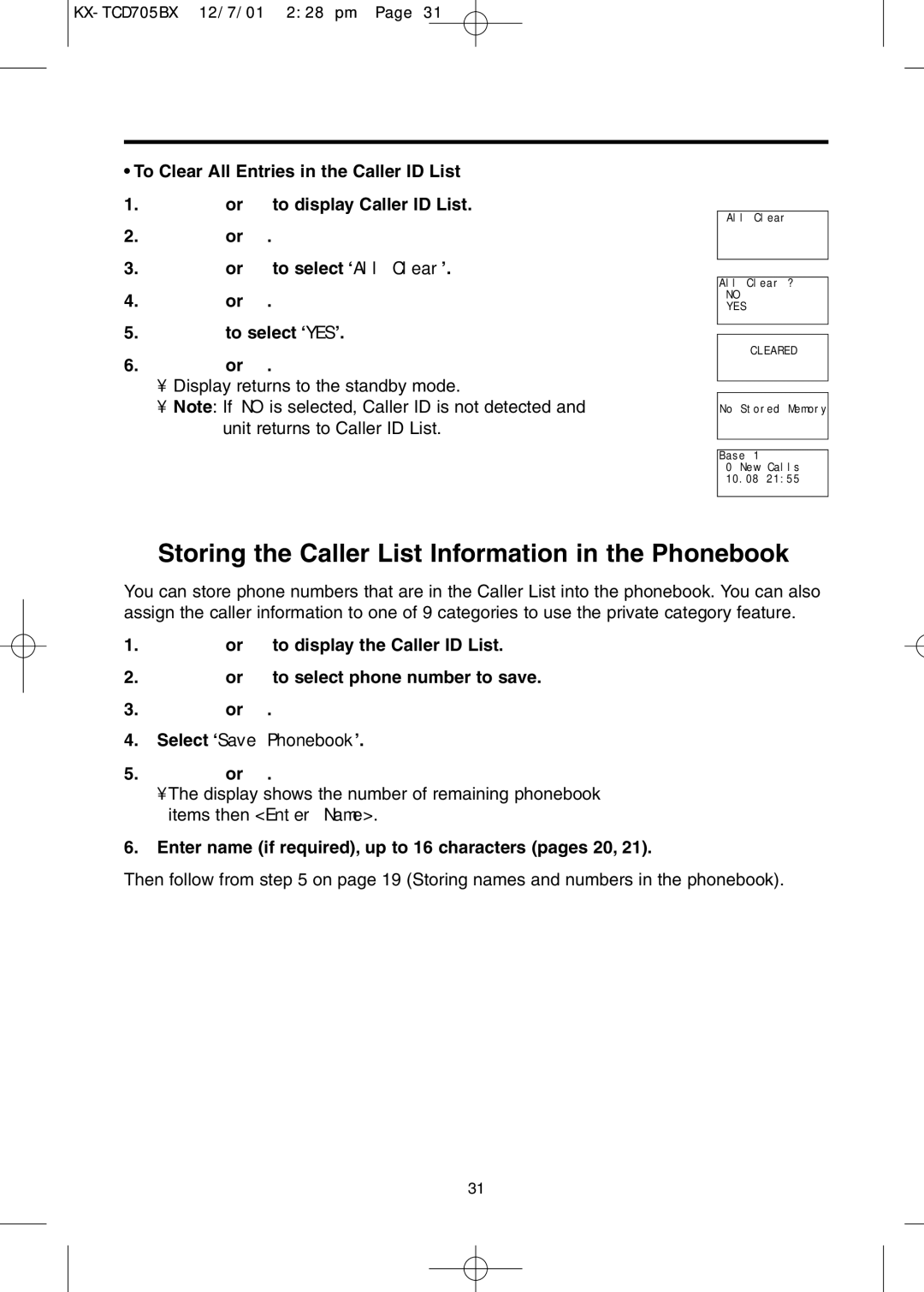 Panasonic KX-TCD705BX Storing the Caller List Information in the Phonebook, ZU or Sto select ‘All Clear’ 