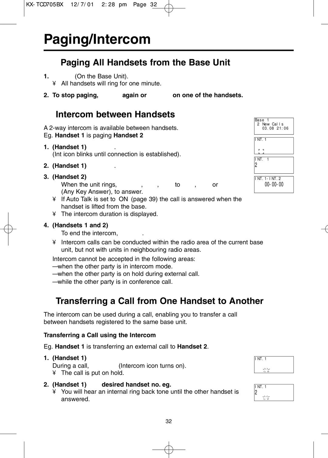 Panasonic KX-TCD705BX Paging/Intercom, Paging All Handsets from the Base Unit, Intercom between Handsets 